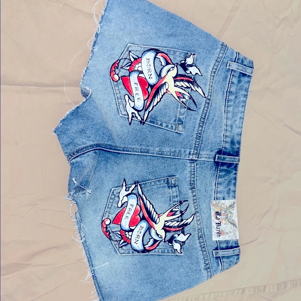 Ed Hardy Blue Jean Shorts Distressed Cut-Off Style